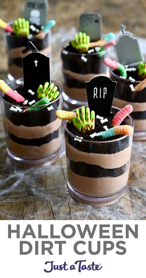 A classic quick-fix recipe for Halloween Dirt Cups does double-duty as the ultimate spooky sweet and festive tabletop décor! #justatasterecipes Halloween Dirt Pudding, Halloween Dirt Cups, Dirt Cake Cups, Dirt Cups Dessert, Dirt Pudding Recipes, Halloween Dirt, Dirt Cups Recipe, Dirt Pudding Cups, Dirt Dessert