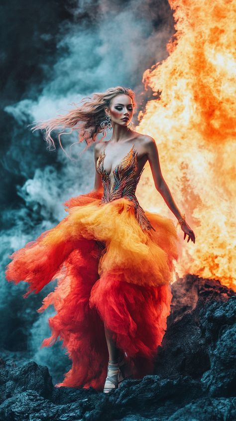 Fiery Aries style: A mesmerizing flame dancer in a phoenix dress, set against a dramatic volcanic backdrop. Let your fashion ignite the scene! Phoenix Photoshoot Ideas, Aries Photoshoot, Phoenix Photoshoot, Aries Fashion, Signs Book, Aries Style, Phoenix Dress, Zodiac Fashion, 2024 Board