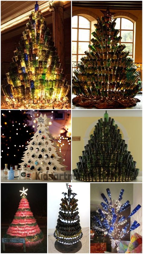 DIY Bottle Christmas Tree Frame Craft - Kids Art & Craft Wine Bottle Tree Diy Garden Art, Glass Bottle Tree, Wine Bottle Christmas Tree, Wine Bottle Images, Bottle Christmas Tree, Christmas Tree Frame, Wine Bottle Trees, Recycled Christmas Decorations, Old Wine Bottles