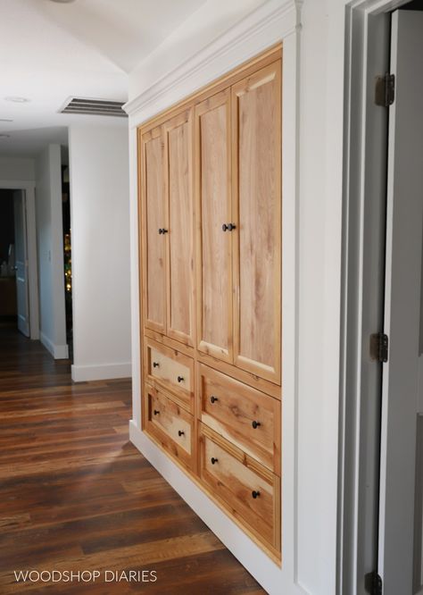 DIY Hallway Closet Built Ins Built In For Closets, Custom Laundry Room Storage, Hallway Laundry Closet Storage, Turn Closet Into Built In Pantry, Linen Closet Hallway Built In, Closed Hallway Storage, Hall Closet Cabinet Ideas, Hallway With Closets, Coat Closet Cabinet Ideas