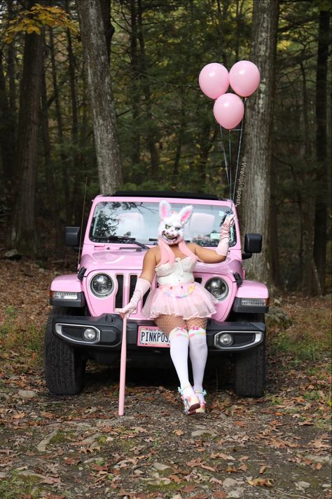 Easy pink Halloween costume using amazon scary bunny mask. #pinkhalloween #pink #pinkaesthetictheme Girly Scary Halloween Costume, Scary Bunny Mask, Pink Halloween Costume Ideas, Halloween Party For Adults, Pink Halloween Costume, Scary Bunny, Animal Head Mask, Pink Bunny Costume, Pink Halloween Costumes