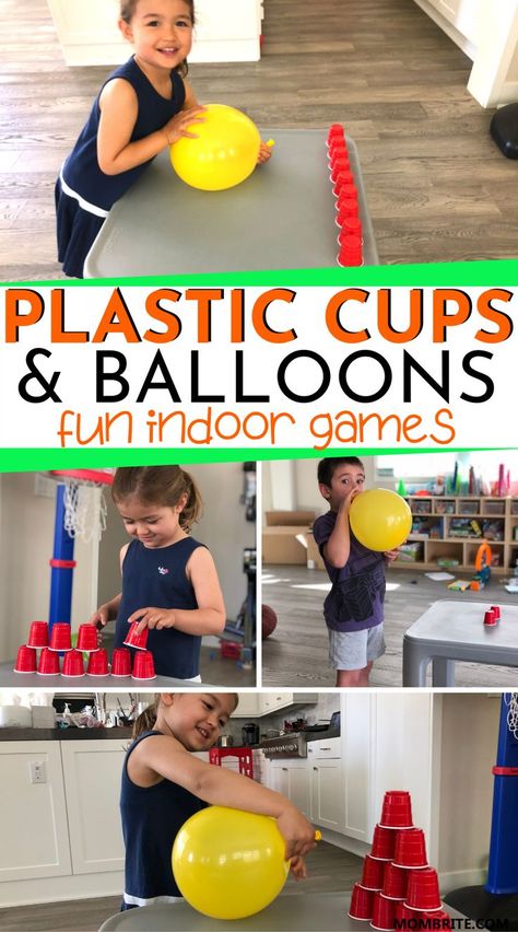 Playing indoor games with your kids does not have to be expensive! Get a little creative using just plastic cups and balloons and start playing these fun and energy-busting indoor games with your kids at home.   #FunActivitiesForKidsAtHome #IndoorGamesWithToddlers  #EasyDIYKidsActivities Indoor Games For Kids At Home, Indoor Games For Toddlers, Balloon Games For Kids, Indoor Party Games, Homeschooling Activities, Balloon Games, Toddler Parenting, Free Activities For Kids, Indoor Kids