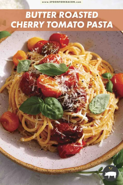 A deliciously simple recipe for Butter Roasted Cherry Tomato Pasta! It's the perfect summertime dinner that also happens to be vegetarian friendly! Roasting the cherry tomatoes in butter really takes this recipe to the next level! #pasta #pastarecipe #cherrytomato #tomato #tomatoes #easyrecipe #dinner #yummy Roasted Cherry Tomato Pasta, Flatbread Toppings, Pot Pasta Recipes, Eating Pasta, Tomato Pasta Recipe, Tomato Butter, Easy Pasta Sauce, Cherry Tomato Recipes, Spoon Fork Bacon