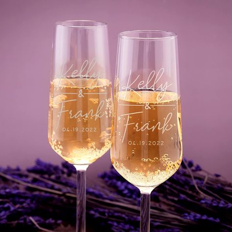 Personalized Wedding Champagne Flutes for Bride and Groom - Set of 2, 7 oz, 2 Designs - Champagne Glasses for Engagement with Your Names and Date - D1 #Wedding #2023Wedding #2024Wedding #Love #SayIdo #Ido #Forever #Cheers Champagne Flutes Wedding, Formal Wedding Decor, Night Wedding Decor, Glamorous Wedding Decorations, Personalized Champagne Flutes, Wedding Champagne, Toasting Glasses, Romantic Wedding Decor, Wedding Decor Elegant