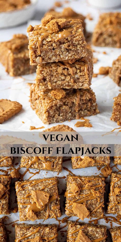 Vegan biscoff flapjacks - easy vegan oaty flapjacks (oat cookie bars) flavoured with biscoff cookie butter. Perfect for snacking, lunchboxes and hiking! Vegan Flapjack Recipe, Vegan Biscoff Recipes, Healthy Baking Desserts, Vegan Breads, Biscoff Recipes, Gluten Free Dairy Free Dessert, Vegan Lunch Box, Sweet Bakes, Vegan Snack Recipes