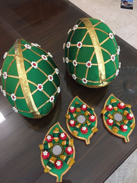 Fresh green coconut decorated for wedding ceremony Green Coconut Decoration, Narial Decoration For Wedding, Decorated Coconut Indian Wedding, Nariyal Decoration Indian Weddings, Coconut For Wedding, Coconut Decoration For Wedding, Coconut Decoration For Marriage, Wedding Gifts Indian, Coconut Decoration