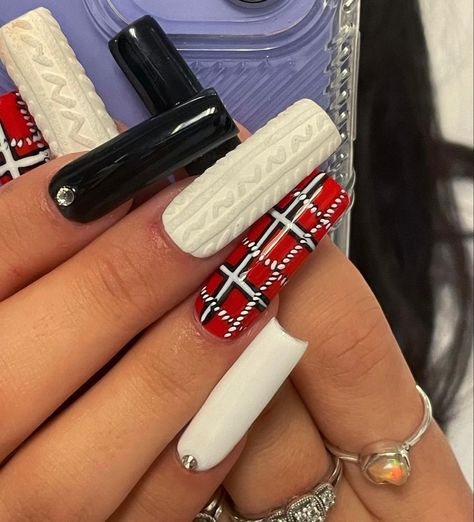 Red And Black Plaid Nails, White Sweater Nails, Red Plaid Nails, Long Christmas Nails, Gel X Set, Plaid Nails, Sweater Nails, White Tip, Christmas Nail Designs