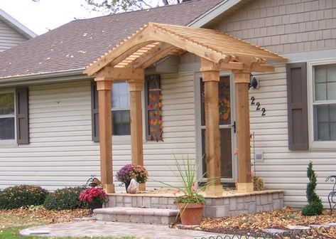 Cedar arbor, deck and stone veneer Front Door Pergola, Front Porch Pergola, Front Door Overhang, Cedar Arbor, Door Pergola, Door Overhang, Garage Pergola, Small Pergola, House Front Porch