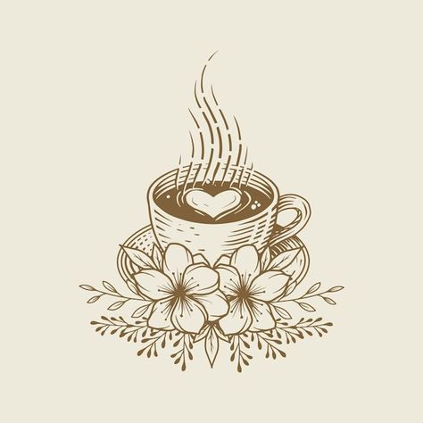 Taza de café con leche con adornos flora... | Premium Vector #Freepik #vector #flor-cafe #cafe-expreso #taza-cafe #beber-cafe Drawing Of A Coffee Cup, Coffee Bean Flower Tattoo, Aesthetic Tea Drawing, Cute Teacup Drawing, Coffee Cup Design Drawing, Coffee Cup With Flowers Tattoo, Coffee Cup Tattoo Design, Coffee Cup Tattoo Vintage, Coffee Inspired Tattoos