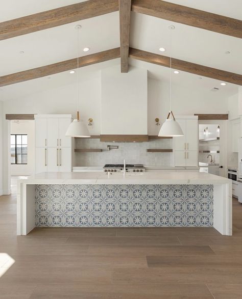 Those kitchen island tiles add a pop of personality 🩵    📸credit: @valinemetz 👏🏼🫶🏼 ___________________  Follow @britishhomedesign for daily inspiration.  • BHD is a multi-award winning, Norfolk based, Architecture & Interior Design Studio tagging inspirational home design with our label of approval • ___________________ Kitchen Island Tiles, Tile Kitchen Island, Island Fireplace, Ranch House Kitchen, Kitchen Island Base, Modern Organic Kitchen, Bedrosians Tile, Organic Kitchen, Modern Organic