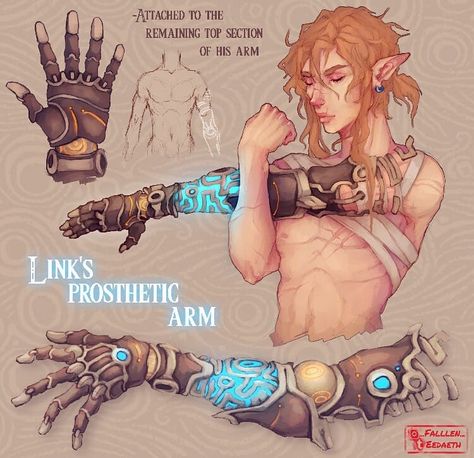 Annd here's a bit more details about my Prosthetic Arm Design. I think it's a fun concept, Sheikah prosthetic limbs and all that. If their… Prosthetic Arm, Arte Robot, Zelda Art, Legend Of Zelda Breath, Arte Fantasy, 판타지 아트, The Legend Of Zelda, Dnd Characters, Fantasy Character Design