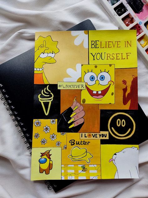 Yellow Aesthetic Drawing, Mood Board Drawing, Cute Art Projects, Painting Journal, Cute Easy Paintings, Black Drawing, Whimsical Art Journal, Posca Art, Drawing Journal