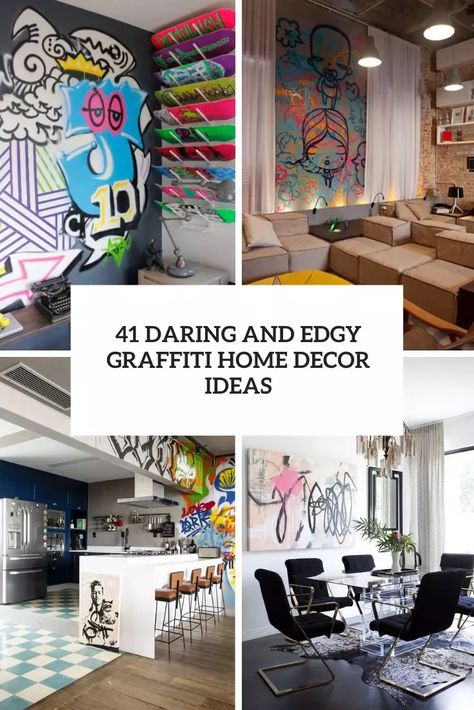 daring and edgy graffiti home decor ideas cover Home Decor Ideas Street Style, Street Art Living Room Ideas, Graffiti Interior Wall, Large Graffiti Wall Art, Graffiti Furniture Living Room, Graffiti Wall Living Room, Street Art Bedroom Ideas, Graffiti Glam Decor, Graffiti Wall Art Bedroom Diy