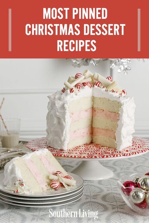 Peppermint Bark Christmas Cake, Southern Living Cakes, Southern Living Cookies Recipes, Holiday Peppermint Cake, Party Desserts Christmas, Vanilla Christmas Desserts, Christmas White Cake Recipes, Southern Living Recipes Desserts, Easy Holiday Cakes Christmas