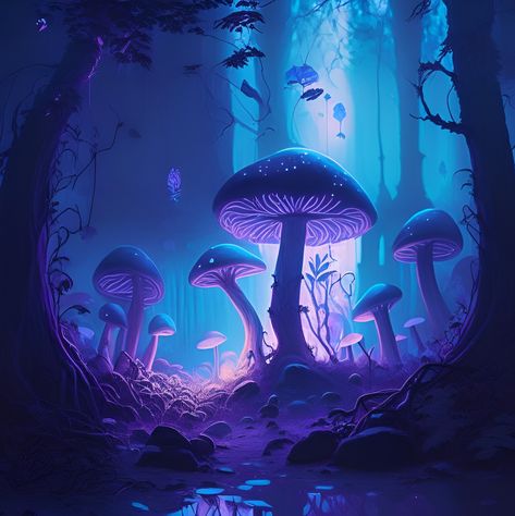 Spirit Realm Aesthetic, Enchanted Forest Aesthetic Light, Glowing Forest Art, Mystical Forest Drawing, Glowing Mushrooms Art, Fairy World Aesthetic, Mystical Environment, Glowing Mushroom Forest, Mystical Forest Art