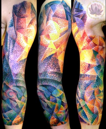 Amazing Sleeve Tattoos, Stipple Tattoo, Fractal Tattoo, Fear Tattoo, Pointillism Tattoo, Colorful Tattoos, Paradise Tattoo, Rainbow Tattoos, Dotwork Tattoo