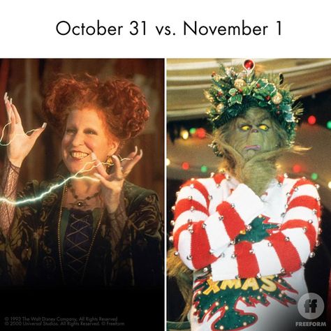 October 31 vs. November 1 November 1 Christmas Humor, 31 Nights Of Halloween, Fall Humor, Halloween Memes, Christmas Memes, 25 Days Of Christmas, November 1st, Christmas Themes Decorations, November 1