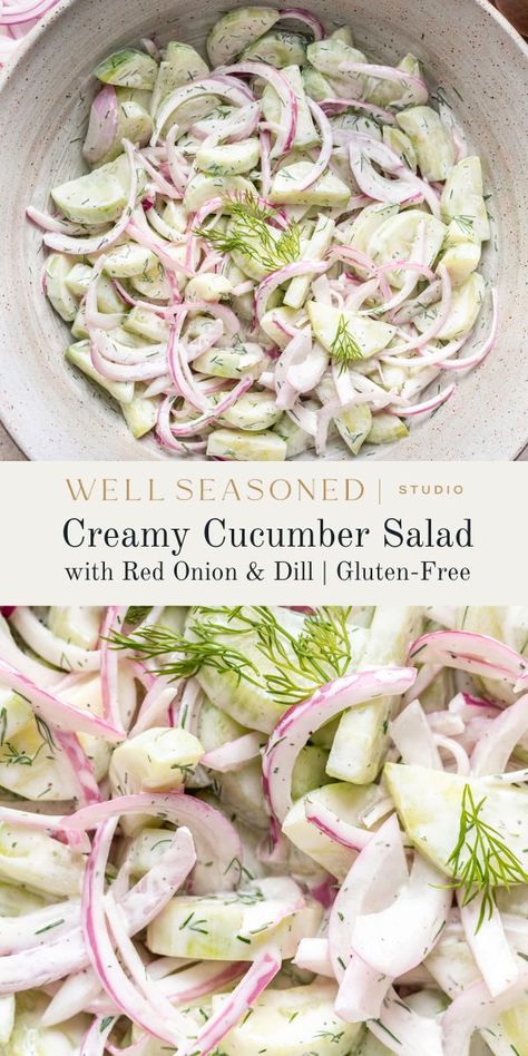 Creamy Cucumber Salad with Dill Gluten Free Cucumber Salad, Dairy Free Cucumber Salad, Creamy Italian Cucumber Salad, Cucumber Salad With Dill, Dill Cucumber Salad, Deviled Egg Potato Salad, Salad With Dill, Dill Salad, Cucumber Dill Salad