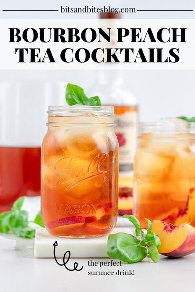 This bourbon peach iced tea is going to be your new favorite summer cocktail recipe. You can make homemade peach iced tea however you want, or purchase your favorite brewed ice tea! Use fresh basil or mint from your herb garden and this is seriously delicious. #bourbonsummercocktails #peachicedtea #bourbonpeachicedtea #bourbonpeachsmash #bourbonsummerdrinks #boozyicedtea Peach Tea Cocktail, Bourbon Drinks Recipes, Bits And Bites, Mom Juice, Peach Bourbon, Tea Cocktail Recipes, Bourbon Smash, Happy Juice, Fruity Cocktail