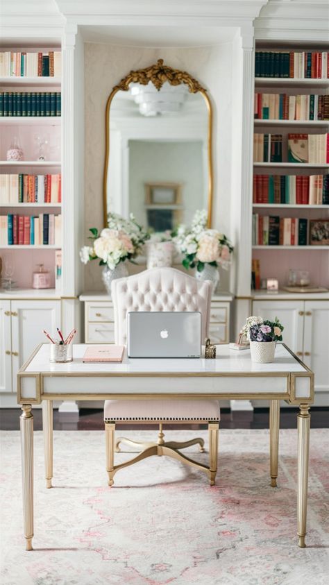 Make your home office beautiful and inviting with feminine decor inspiration. Discover home office design ideas that make the most of small spaces and add a cute touch. From indoor design to home office decor, these tips will help you create a cozy and efficient small workspace.  #homeofficeinspiration #femininehomeoffice #cutehomeoffice #homeofficedesign #smallspaces #smallhomeofficeinspiration #indoordesign #homedécor #smallworkspace #smallworkspacedecor Feminine Library, Women’s Office, French Country Home Office, Eclectic Office Decor, Feminine Home Office Classy, Scandi Boho Interior, Eclectic Office, Feminine Home Office, Home Office Decor For Women