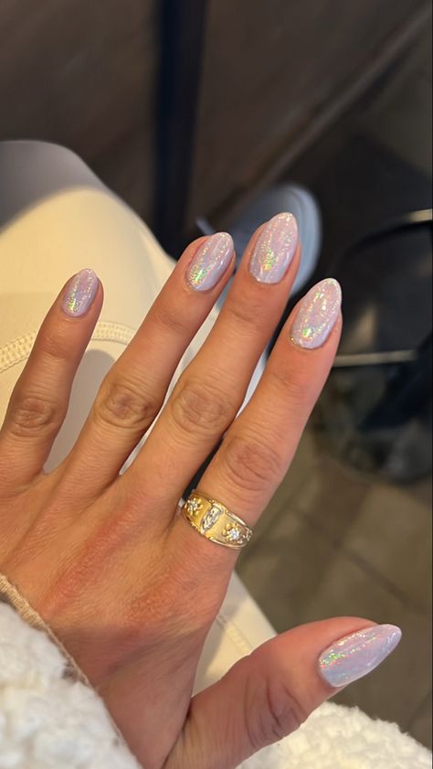 Lavender Chrome Nails Design, Lavender Hoco Nails, Lavender Chrome Nails Almond, Purple Elegant Nails, Chrome Lilac Nails, Speak Now Inspired Nails, Short Almond Nails Purple, Milky Lavender Nails, Irredecent Nail Designs