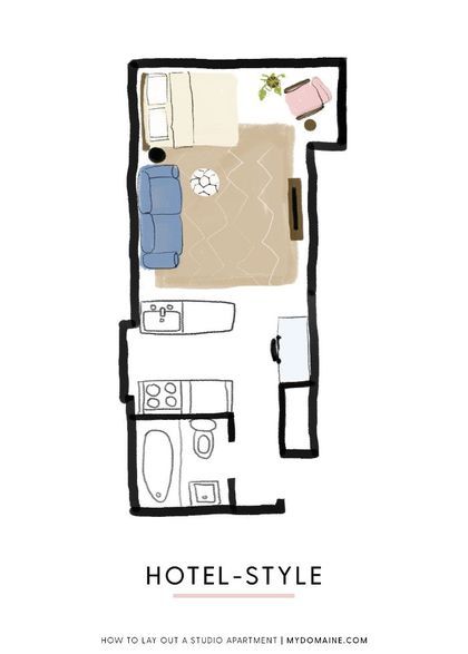 One Studio Apartment 4 Ways—Follow Our Stylish Guide Narrow Studio Apartment, Narrow Studio Apartment Layout, Studio Apartment Layout Floor Plans, Apartment Layout Floor Plans, Studio Layouts, Home Pilates Studio, Pilates Room, Studio Apartment Floor Plans, Studio Layout