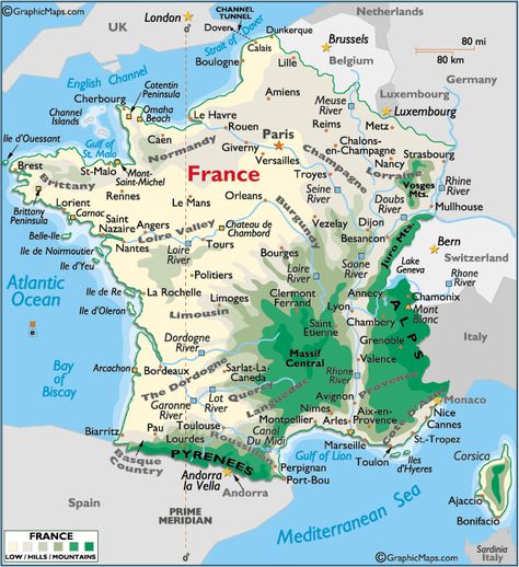 A nice map that shows the mountainous areas of France. Strasbourg and Annecy too. Nice Map, Map Of France, Facts About France, Road Trip France, Alsace France, Amazing Maps, World Geography, Europe Map, French Culture