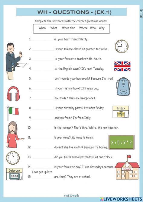 Wh Question Worksheet For Kids, Wh Question Worksheet, Wh Worksheets, Wh Questions Worksheet, Esl Exercises, Wh Questions Exercises, Wh Questions Activities, Teaching Vowels, Question Words