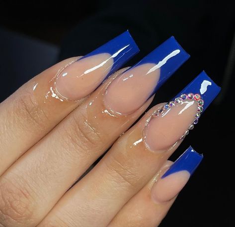 Dark Blue Acrylic Nails Coffin Design, Blue Nail Designs With Gems, Hoco Nails Dark Blue, Nail Ideas For Prom Blue, Blue French Tip With Rhinestones, Royal Blue Simple Nails, Long Blue French Tip Nails, Blue Nail French, Simple Royal Blue Nails