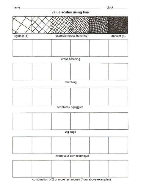 value worksheet 45rpmdesigns.blogspot.com  http://45rpmdesigns.blogspot.de/2012/09/studio-in-art-value-worksheets.html Ellie's Sketchbook, Value Worksheet, Classe D'art, Art Handouts, High School Art Lessons, Elementary Teaching, Art Theory, Value In Art, Art Worksheets