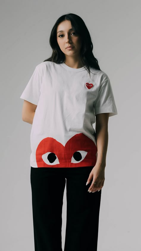 Cdg Play Outfit, Comme Des Garcons Street Style, Cdg Play, White Shirt Outfits, Heart Cardigan, Play Comme Des Garcons, Jordan Adidas, Sneaker Stores, Red Fits