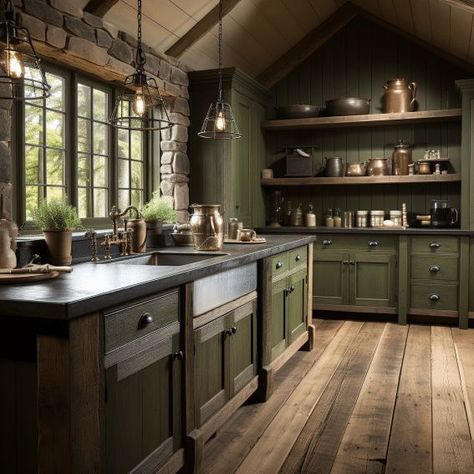 Green Kitchen Cabinets Stone Countertop, Olive Green Door Interiors, Olive Green Kitchen Cabinets Ideas, Green Kitchen Aesthetic Vintage, Olive Green Kitchen Walls Oak Cabinets, Antique Green Kitchen Cabinets, Olive Green Cabinets Kitchen, Moody Green Kitchen, Green Rustic Kitchen