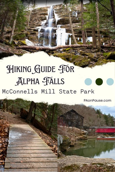 Alpha Falls is a hidden gem in McConnells Mill State Park. It offers a short and easy hike with beautiful scenery and rock formations. The falls are most powerful after heavy rain or snowmelt. The hike is only 5-10 minutes long. In addition to visiting Alpha Falls, there are other things to do in the park, such as kayaking, picnicking, and exploring other waterfalls. Mcconnells Mill State Park, Ohiopyle State Park, North Country Trail, Allegheny National Forest, Cuyahoga Valley National Park, Pennsylvania Travel, Pocono Mountains, Waterfall Adventure, Hiking Guide