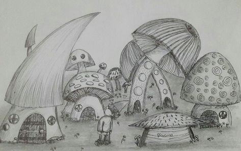 Mushroom Village Drawing, Mushroom Village, Village Drawing, Gnome Village, Memory Drawing, Mushroom House, Village Houses, Drawing Base, Drawing Ideas