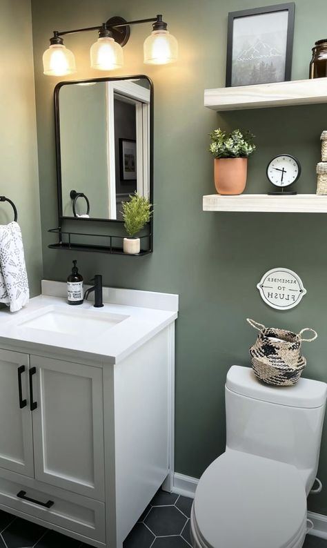 Gray Small Bathroom Ideas, Rental Remodel, Small Half Bathroom, Makeover Kamar Mandi, Bathroom Wall Colors, Kid Bathroom, Half Bath Remodel, Half Bathroom Decor, Small Bathroom Colors