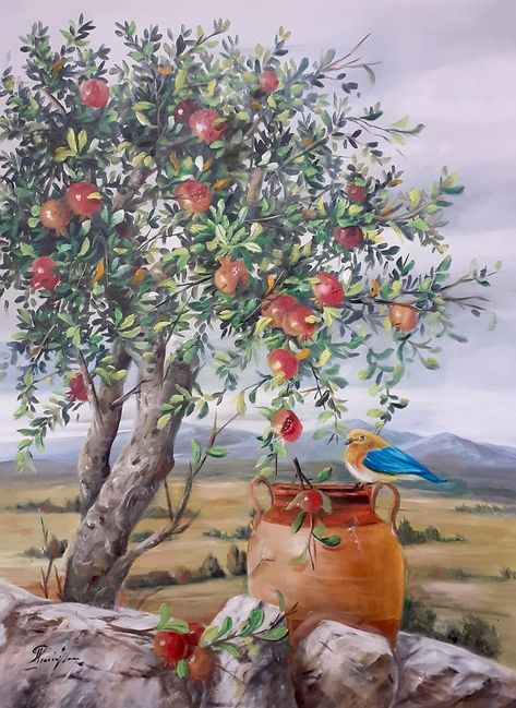 Pomegranate Tree Painting, Pomegranate Tree Drawing, Pomegranate Tree Illustration, Fruit Tree Painting, Pomegranate Tree, Book Cover Art Design, Greece Painting, Prophetic Art, Jewish Art