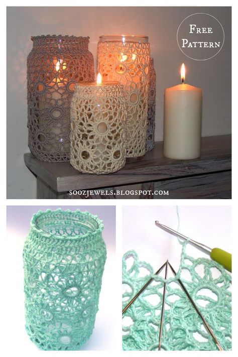 Holey Suns Jar Covers Free Crochet Pattern Crochet Mason Jar Sleeve, Crochet Mason Jar Hanger, Crochet Mason Jar Covers Free Pattern, Crochet Lantern Pattern Free, Crochet Jar Covers Free Pattern, Crochet Candle Holder Pattern, Jar Macrame, Vase Crochet, Crochet Candle Holder