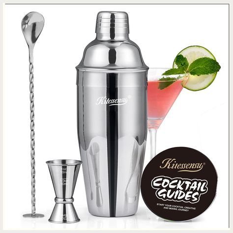 Cocktail Shaker, KITESSENSU 24oz Drink Shaker with Bartender Strainer, Measuring Jigger, Bar Mixing Spoon, Cocktail Recipe Guide, Professional Drink Mixer Set for Beginners, Silver Alcohol Mixers, Mixology Kit, Drink Shaker, Make Cocktails, Martini Shaker, Cocktail Shaker Set, Bar Spoon, Drink Mixer, Cocktail Shakers