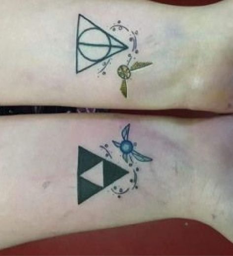 Tri Force Tattoo, Funny Couple Tattoos, Tattoo Son, Dragons Tattoo, Nerdy Tattoos, Hp Tattoo, Zelda Tattoo, Geek Tattoo, Harry Potter Tattoos