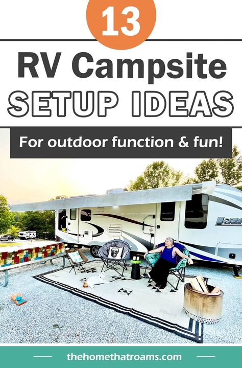 Motorhome Outdoor Setup, Rv Deck Decorating Ideas, Rv Camping Outdoor Setup, Rv Decorating Ideas Exterior, Rv Campsite Decorating Ideas Outdoor, Long Term Rv Camping Setup, Full Time Rv Living Outdoor Setup, Rv Patio Ideas Campsite, Permanent Campsite Ideas Diy