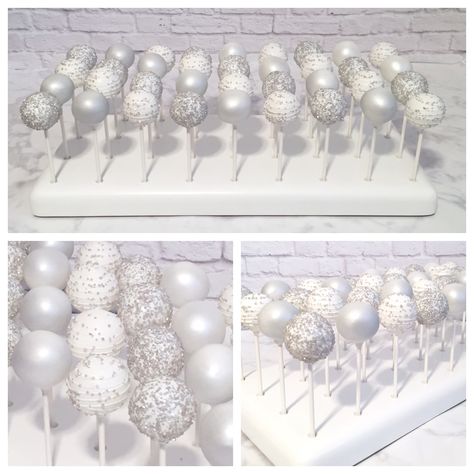 Birthday Decorations White And Silver, Silver And White Dessert Table, White And Silver Strawberries, White And Silver Cake Pops, Cake Pops Winter Wonderland, White And Silver Theme Party Decoration, Silver And White Theme Party, Winter Onederland Cake Pops, Silver White Party Decor