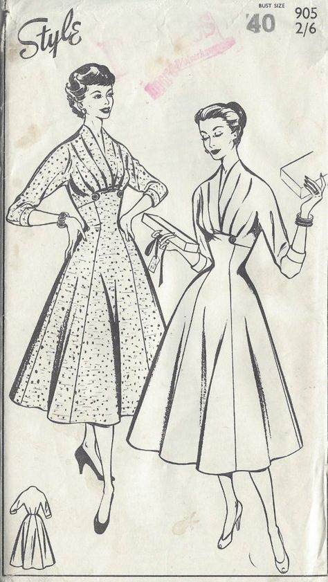 1950s-Vintage-Sewing-Pattern-B40-DRESS-R963-251269975687 1950s Dress Patterns, 1950s Sewing Patterns, Patron Vintage, Retro Sewing Patterns, Vintage Dress Patterns, Fashion 1950s, Motif Vintage, Couture Vintage, Old Fashion