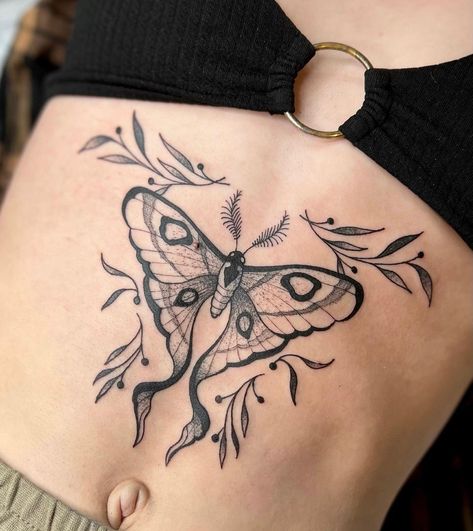 Art Nouveau Moth Tattoo, Underboob Moth Tattoo, Moth Sternum Tattoo, Female Chest Tattoo, Lunar Moth Tattoo, Comet Moth, Luna Moth Tattoo, Luna Tattoo, Backpiece Tattoo