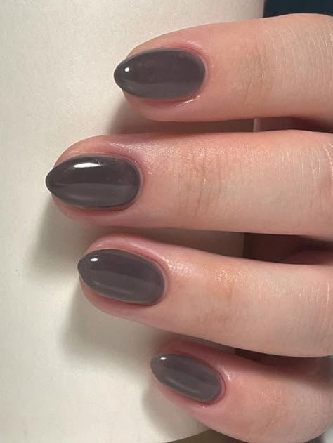 dark Korean jelly nails Short Dark Gray Nails, Jelly Grey Nails, Gray Sns Nails, Gray Brown Nails, Steel Grey Nails, Gray Jelly Nails, Korean Nails Winter, Brown Grey Nails, Slate Grey Nails