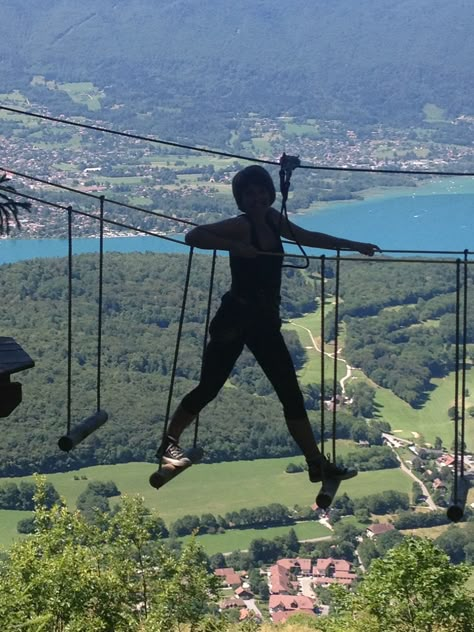 High ropes course above lake Annecy High Ropes Course Adventure, Ropes Course Aesthetic, High Ropes Course Aesthetic, High Ropes Course, Ropes Course, Thrill Seeker, Adventure Aesthetic, Gap Year, Summer Adventures