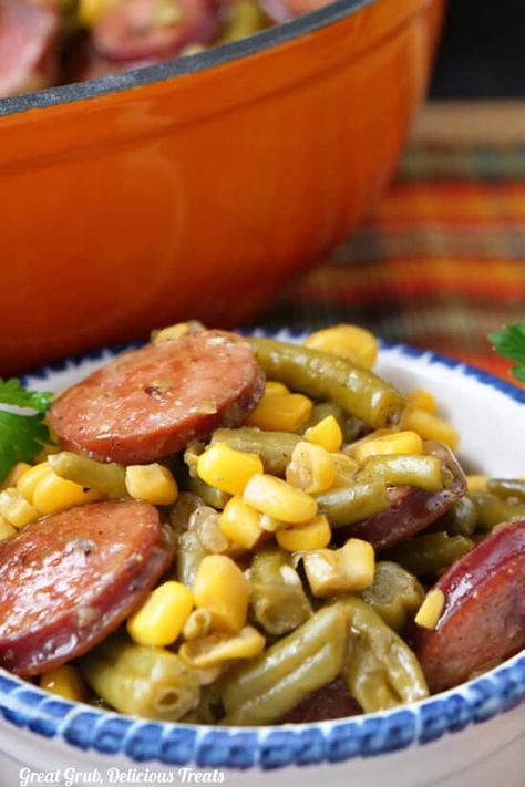 Green Beans And Sausage, Green Beans With Sausage, Stove Top Green Beans, Sausage Green Beans, Smoked Sausage And Potato Recipe, Sausage And Green Beans, Andouille Sausage Recipes, Crockpot Green Beans, Seasoned Green Beans