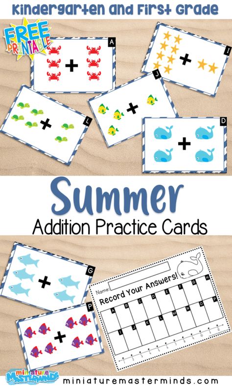 Summer Themed Addition Up to 12 Cards and Recording Page for Kindergarten – Miniature Masterminds Preschool Popsicle, Summer Kindergarten, Summer Homeschool, Preschool Workbooks, Counting Activity, Subtraction Activities, Kids Math, Summer Math, Quiet Time Activities