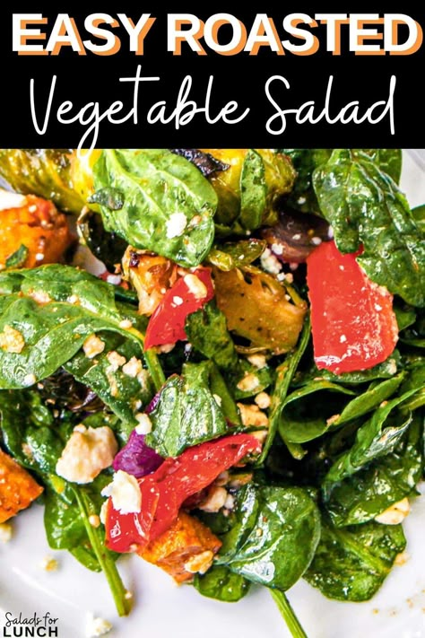 Filled with roasted vegetables, baby spinach and topped with crumbled feta cheese and a delicious balsamic vinaigrette dressing, this roasted vegetable salad is a colourful and flavourful fall or winter salad that works equally well as a vegetarian main course or a hearty side dish. Roasted Veg Salad, Root Vegetable Salad, Roasted Veggie Salad, Easy Roasted Vegetables, Winter Salad Recipes, Roasted Vegetable Salad, Vegetarian Main Course, Balsamic Vinaigrette Dressing, Vegetable Salad Recipes