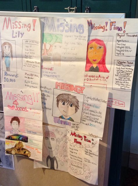 Missing person posters - The Giver characterization activity The Giver Activities, Characterization Middle School, Characterization Activities, Book Club Activities, 4th Grade Ela, 8th Grade Ela, 6th Grade Ela, Middle School Reading, Elementary Ela