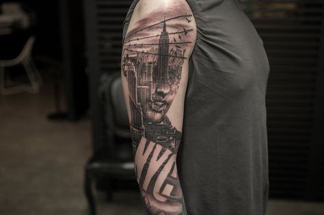 Bang Bang Black-and-Gray Realism - NYC Double Exposure Tattoo, New York Tattoo, Nyc Tattoo, School Dropout, City That Never Sleeps, Trailer Park, Bang Bang, Hearts Desire, Double Exposure